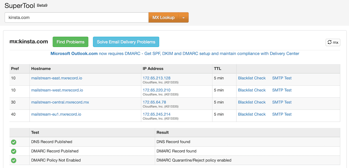 Die MXToolbox-Startseite zeigt die MX-Einträge für die Kinsta-Website zusammen mit IP-Adressen und TTL-Zeiten