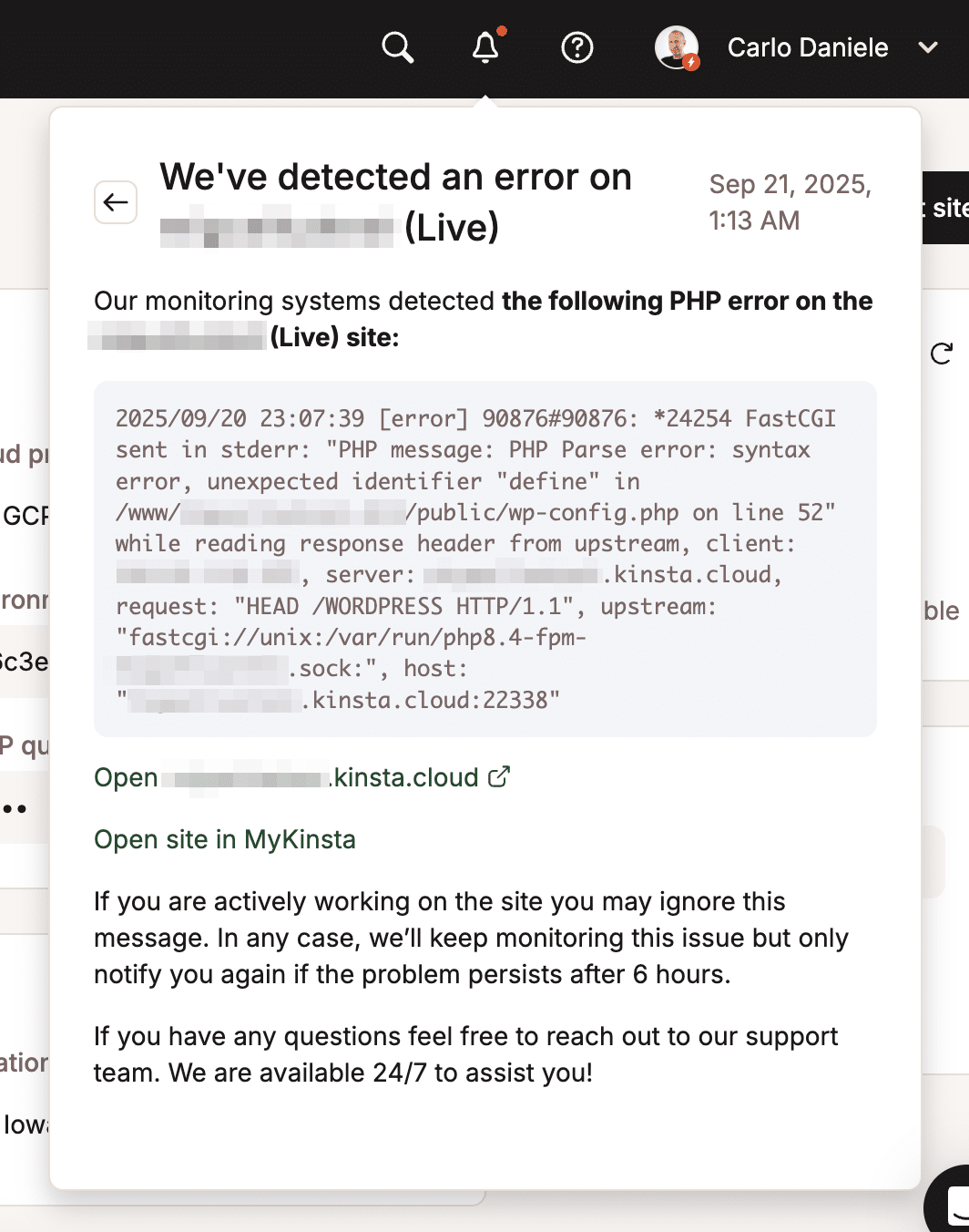 Notificação de erro de PHP no MyKinsta.