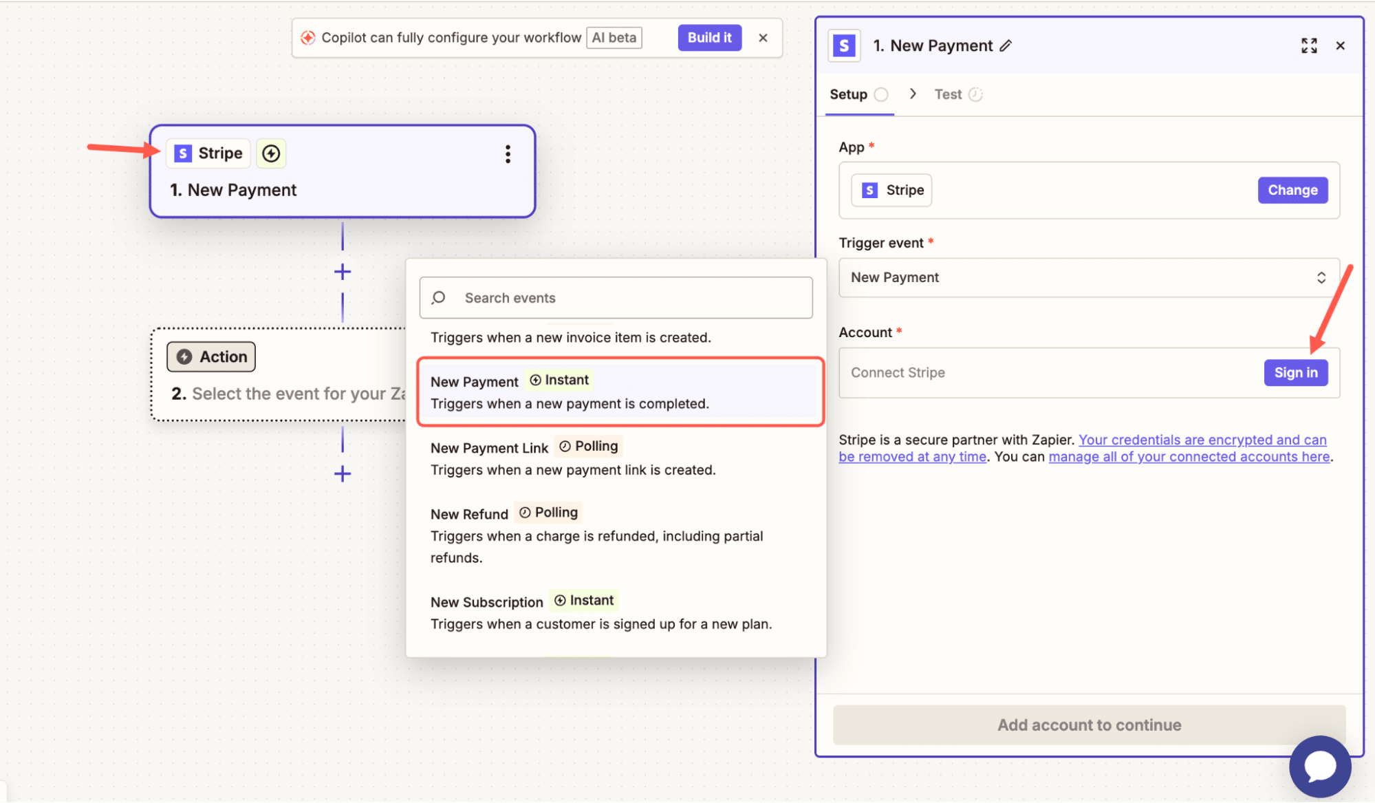 Stripe trigger in Zapier.