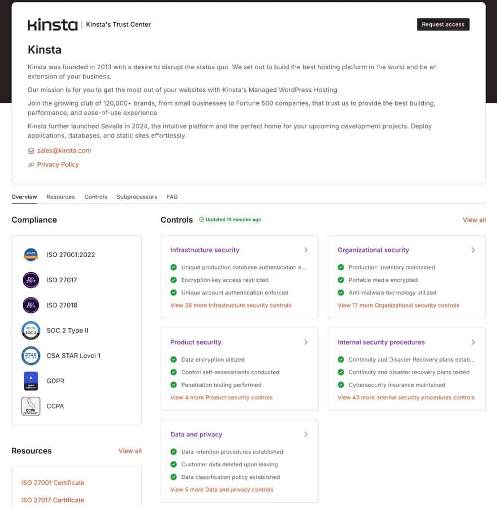 El Centro de Confianza de Kinsta ofrece información transparente sobre la plataforma de Kinsta.