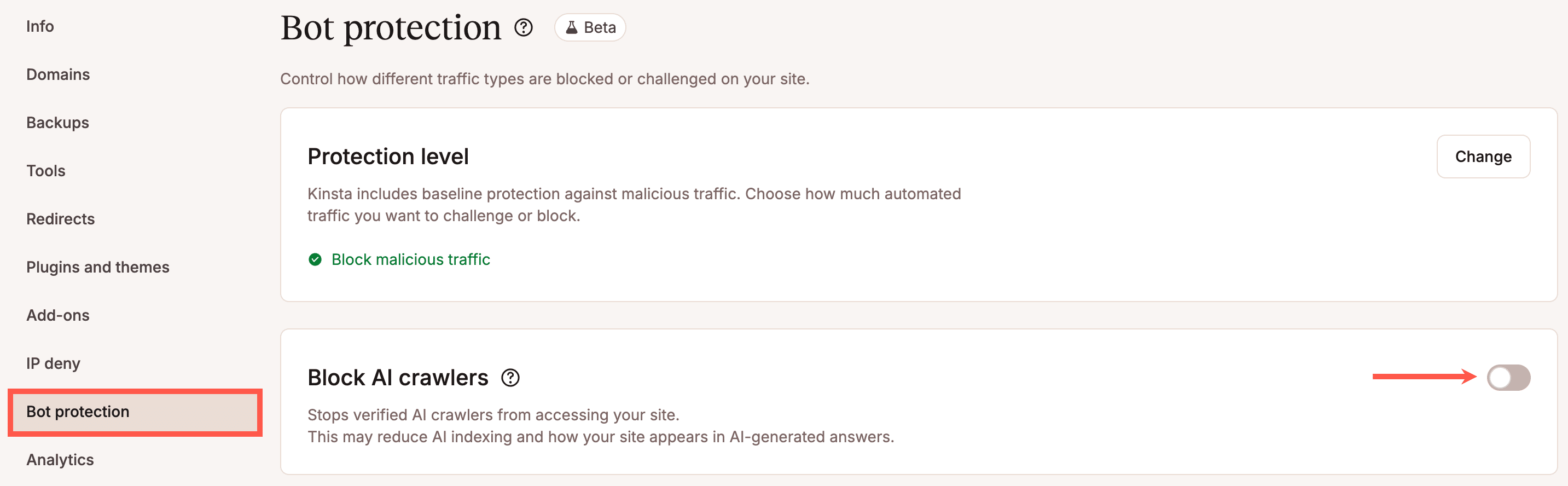 MyKinsta Bot Protection dashboard showing the Block AI crawlers toggle