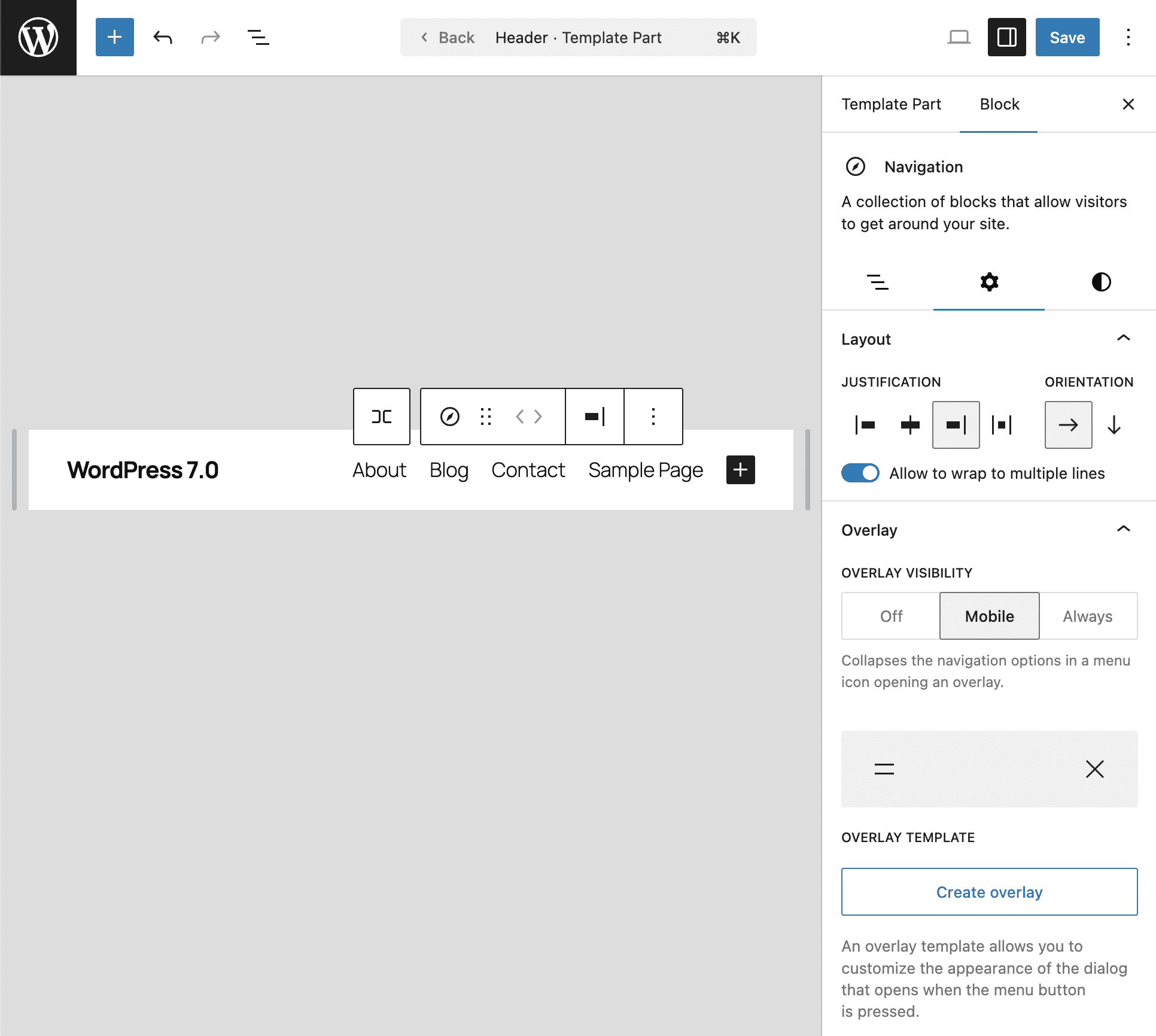 Een navigatie-overlay aanmaken in WordPress 7.0.
