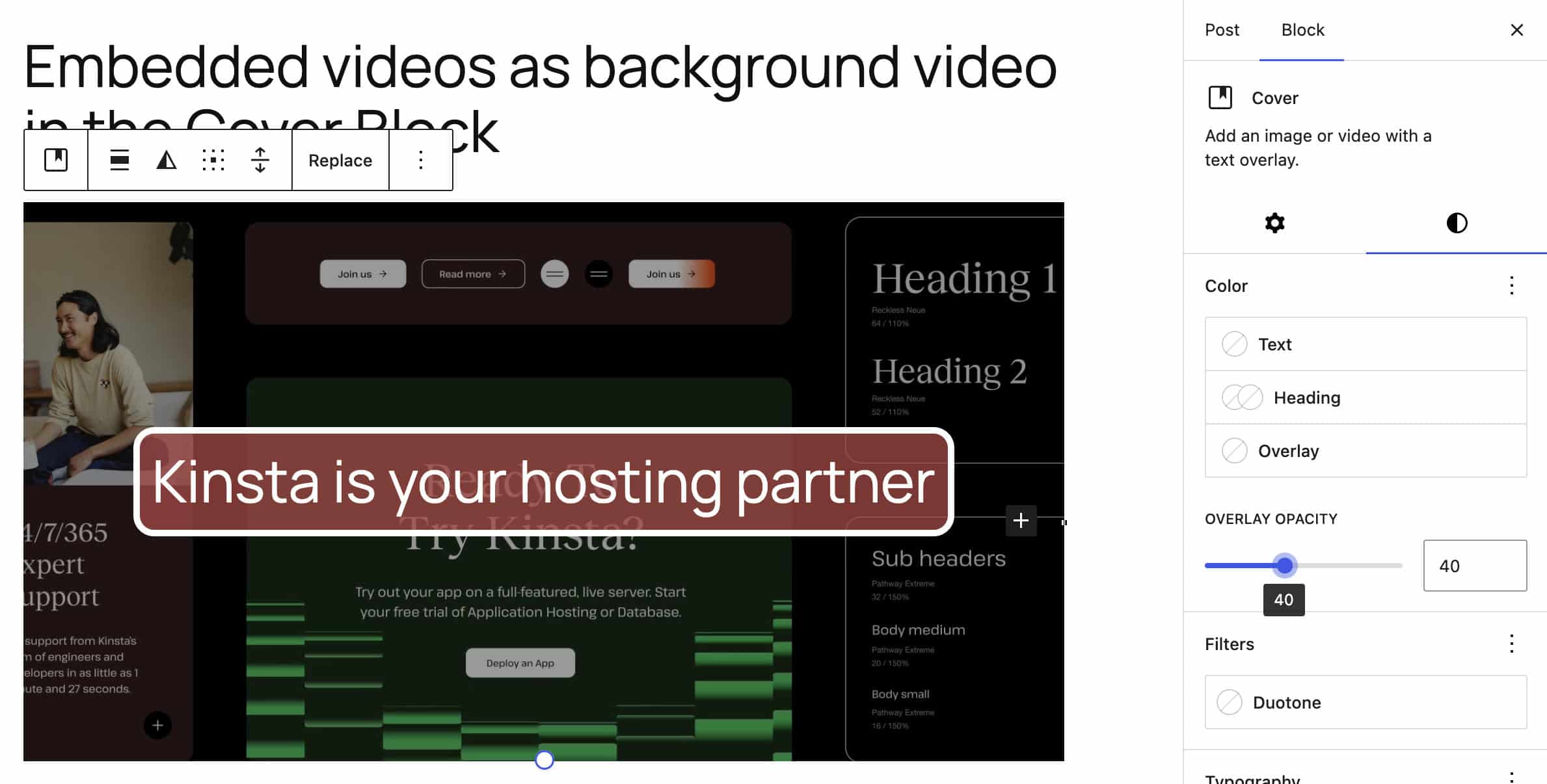 Ingesloten video als achtergrond voor het Cover-blok.