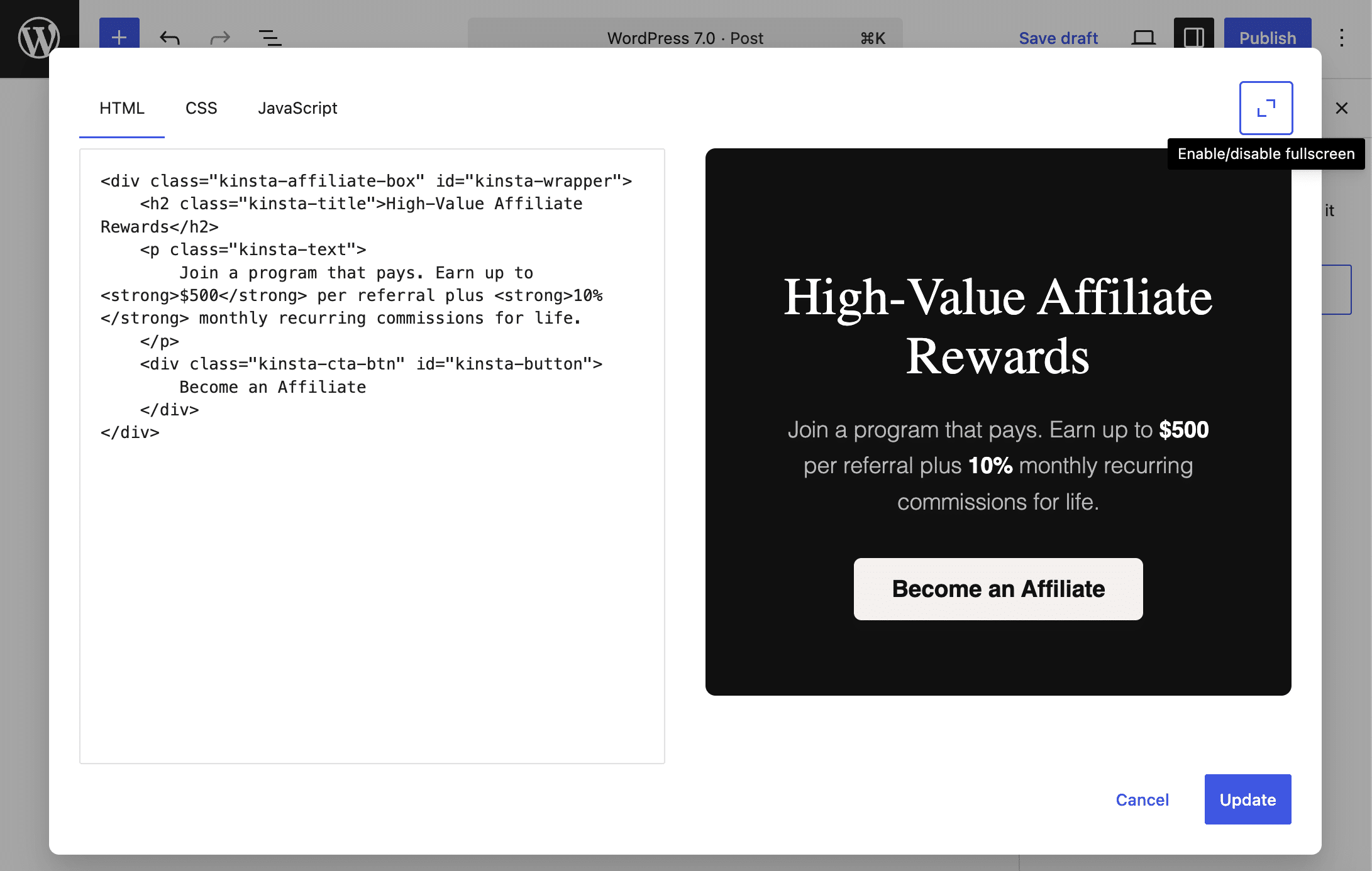 Het HTML-blok in volledig scherm.
