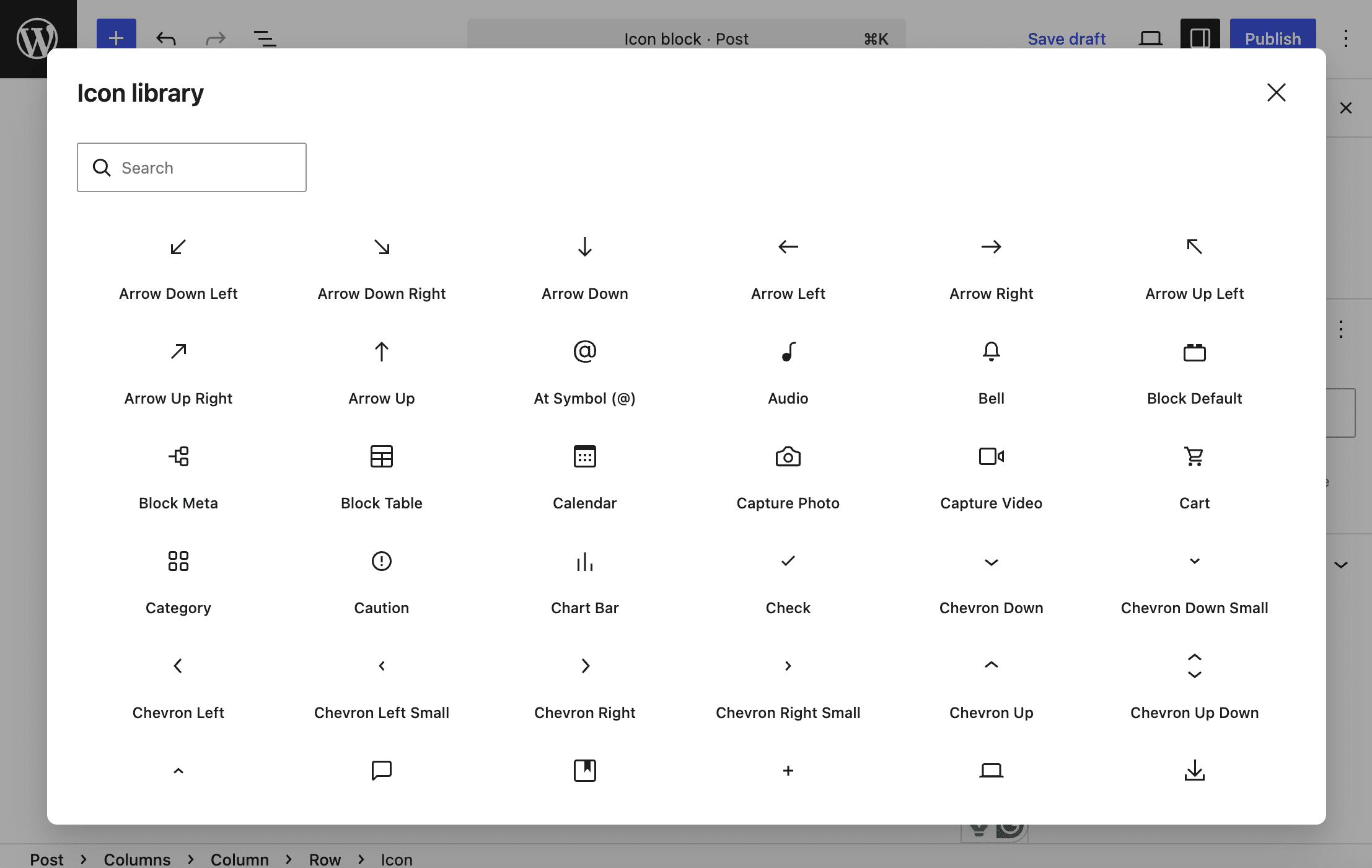 De pictogrammenbibliotheek in WordPress 7.0.
