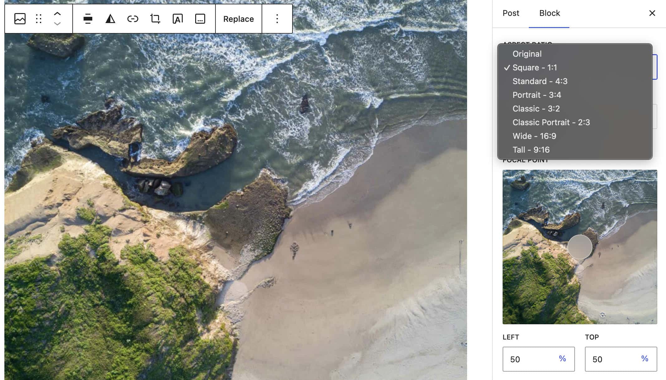 Beeldverhoudingsbeheer voor het Image-blok in WordPress 7.0.