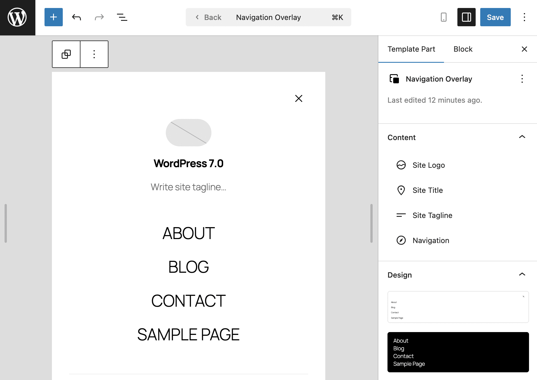 Instellingen van het Navigation Overlay-template part.