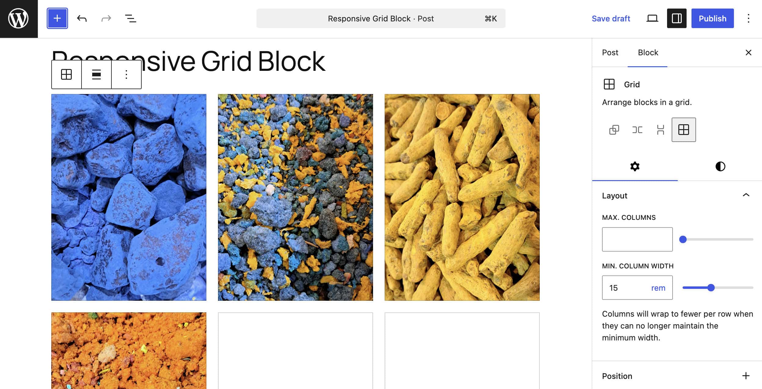 Het Grid-blok op een groot scherm.