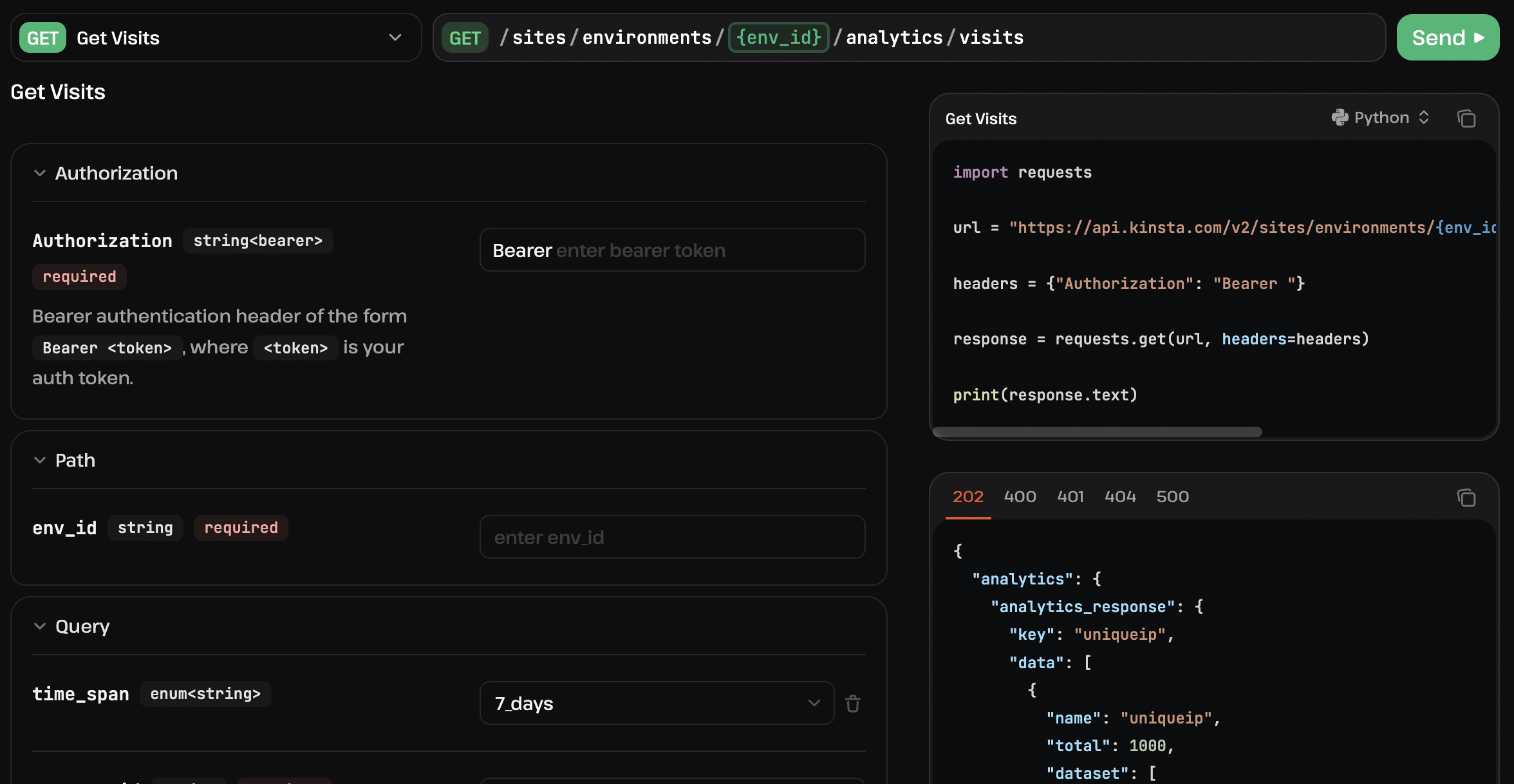 Prueba la API de Kinsta en el API playground.