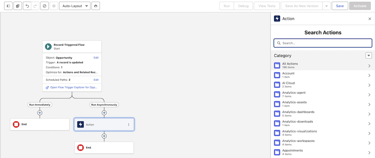 The Salesforce Flow Builder Search Actions panel showing different ways to interact with the Action element on the Run Asynchronous path.