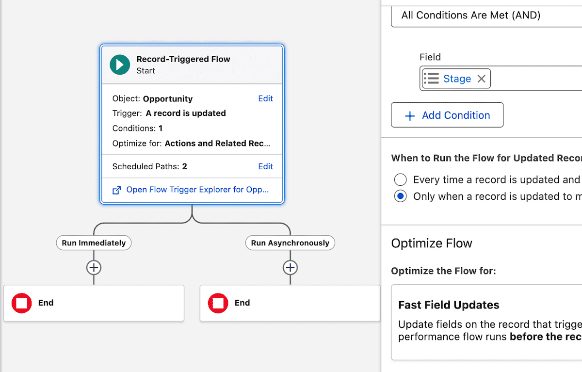 Flow Builder showing two paths for Run Immediately and Run Asynchronously.
