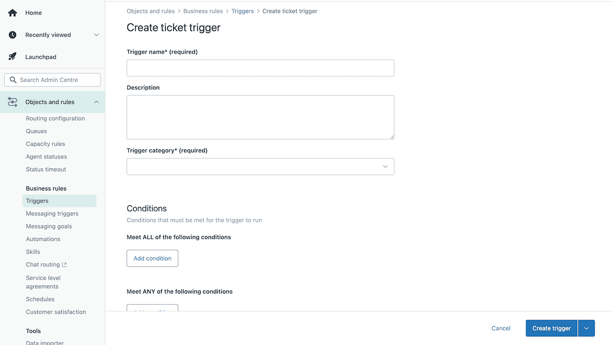 La page des déclencheurs Zendesk montre une page de création de déclencheur vide.