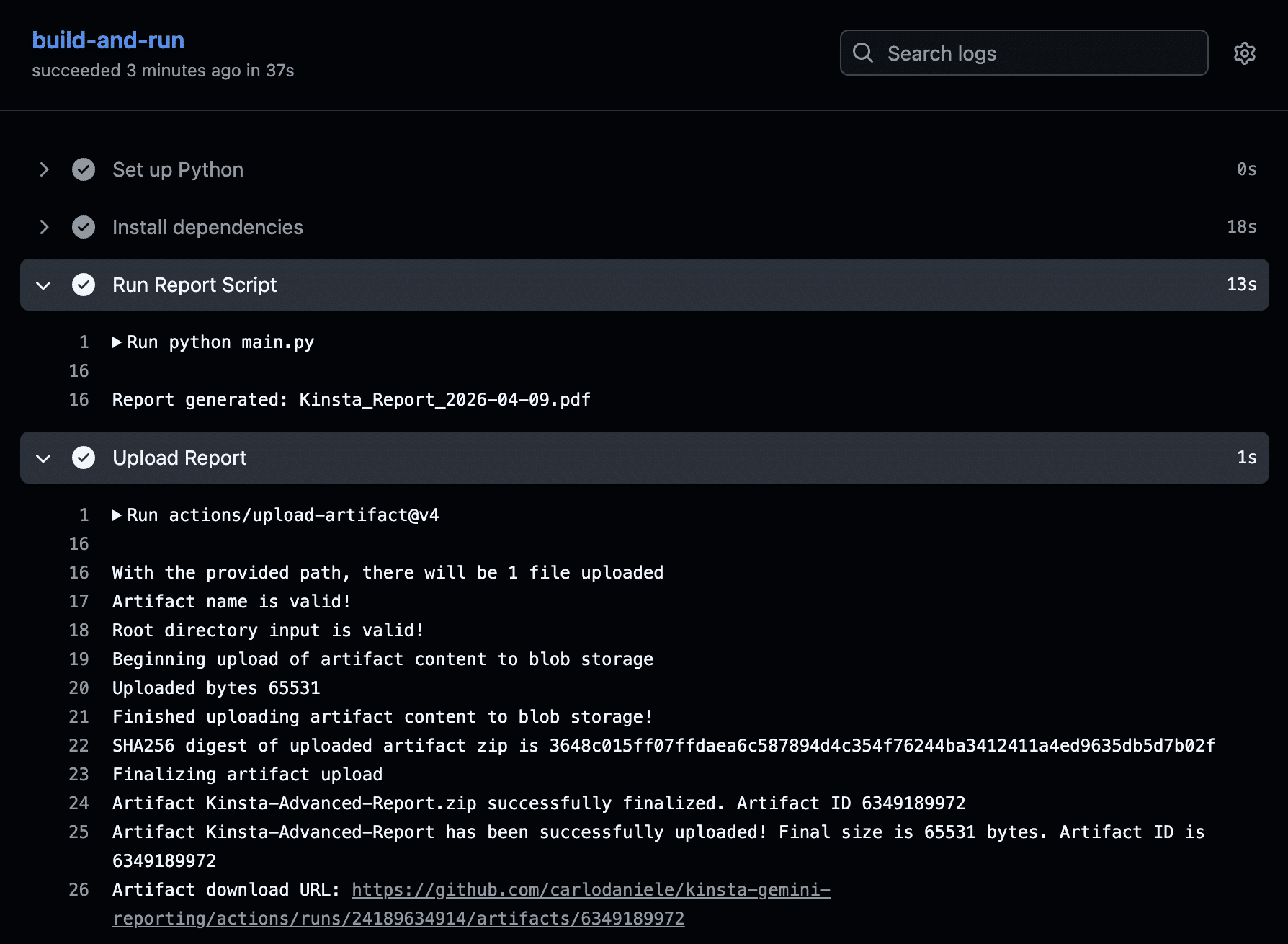 Los pasos Run Report Script (Ejecutar script de informe) y Upload Report (Cargar informe).
