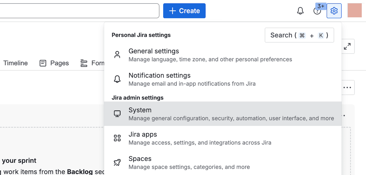 De optie Jira Cloud System in het menu met algemene instellingen van de Jira-interface.