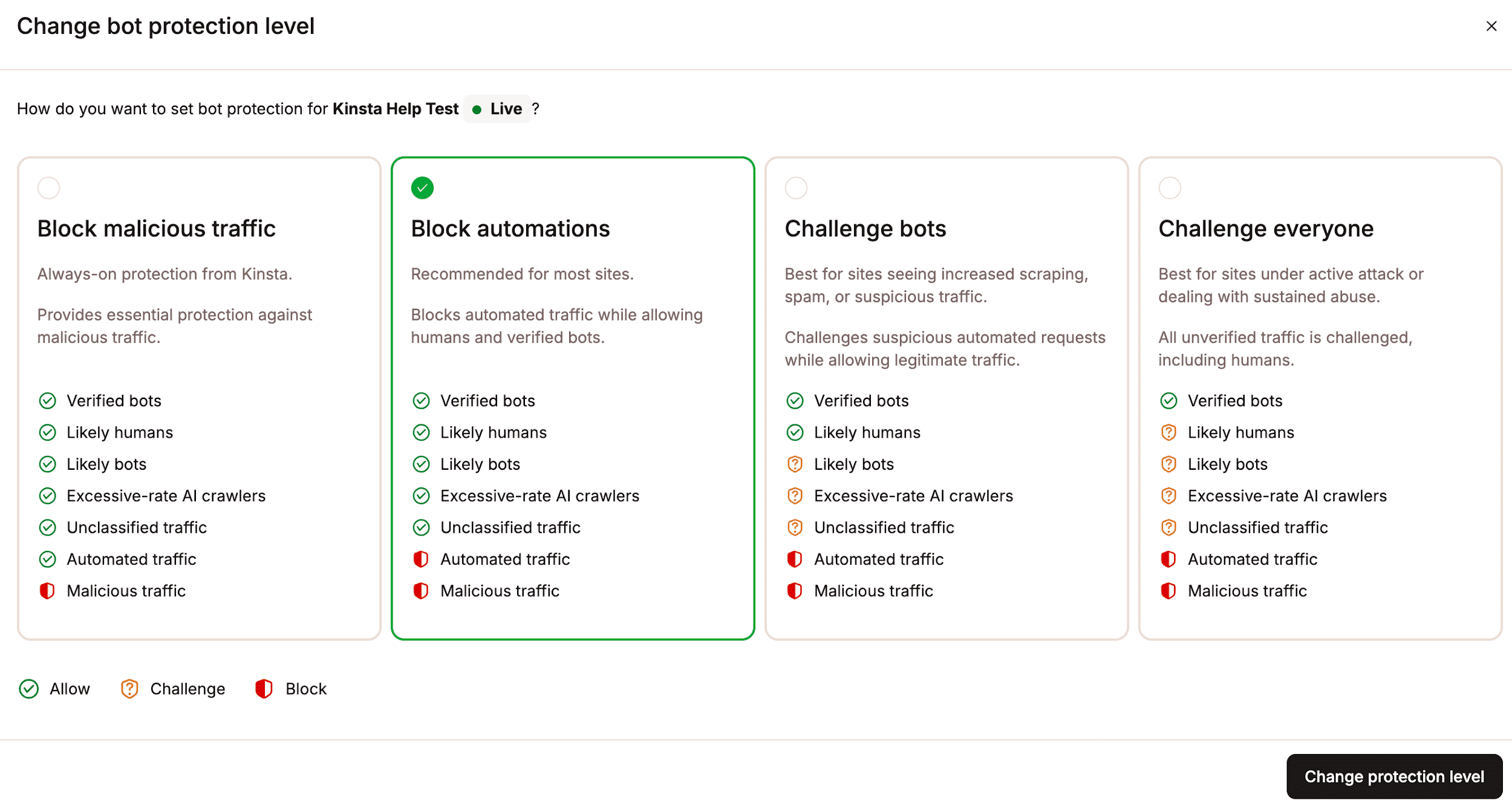 MyKinsta bot protection levels.