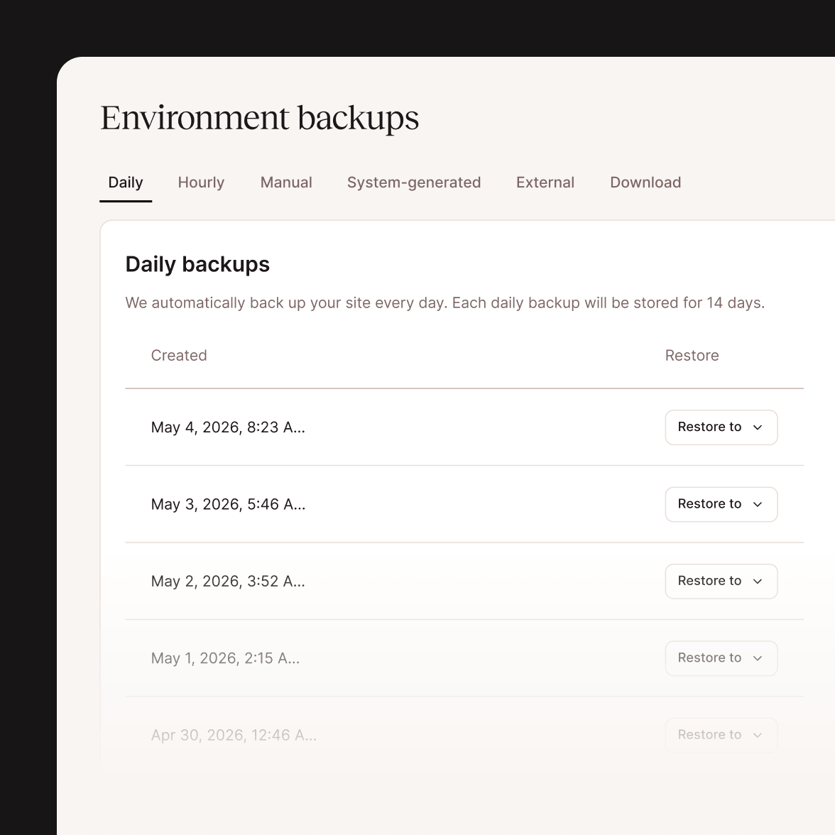 Different types of backups Kinsta offers in the MyKinsta dashboard