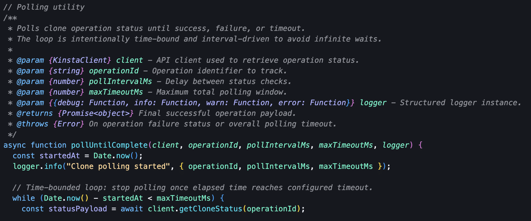 El bloque JSDoc para la función pollUntilComplete