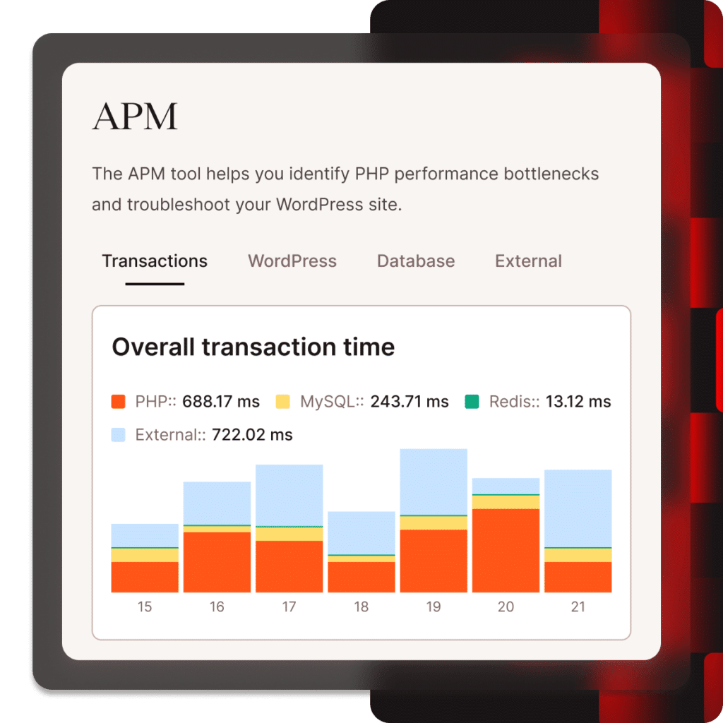 Kinsta APM helps you identify PHP bottlenecks and troubleshoot your WordPress site.