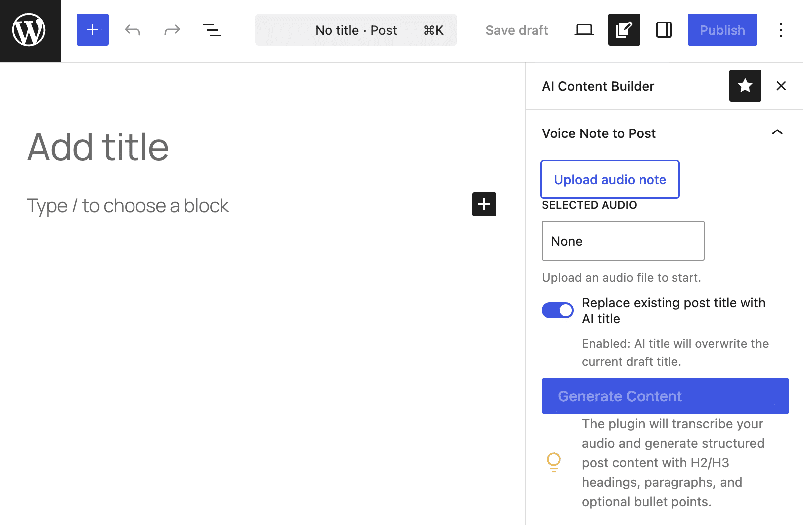 Die Sidebar des KI-Content-Builder-Plugins