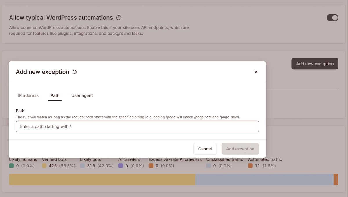 L’écran « Ajouter une nouvelle exception » affichant les options permettant de saisir un nouveau chemin d’URL.