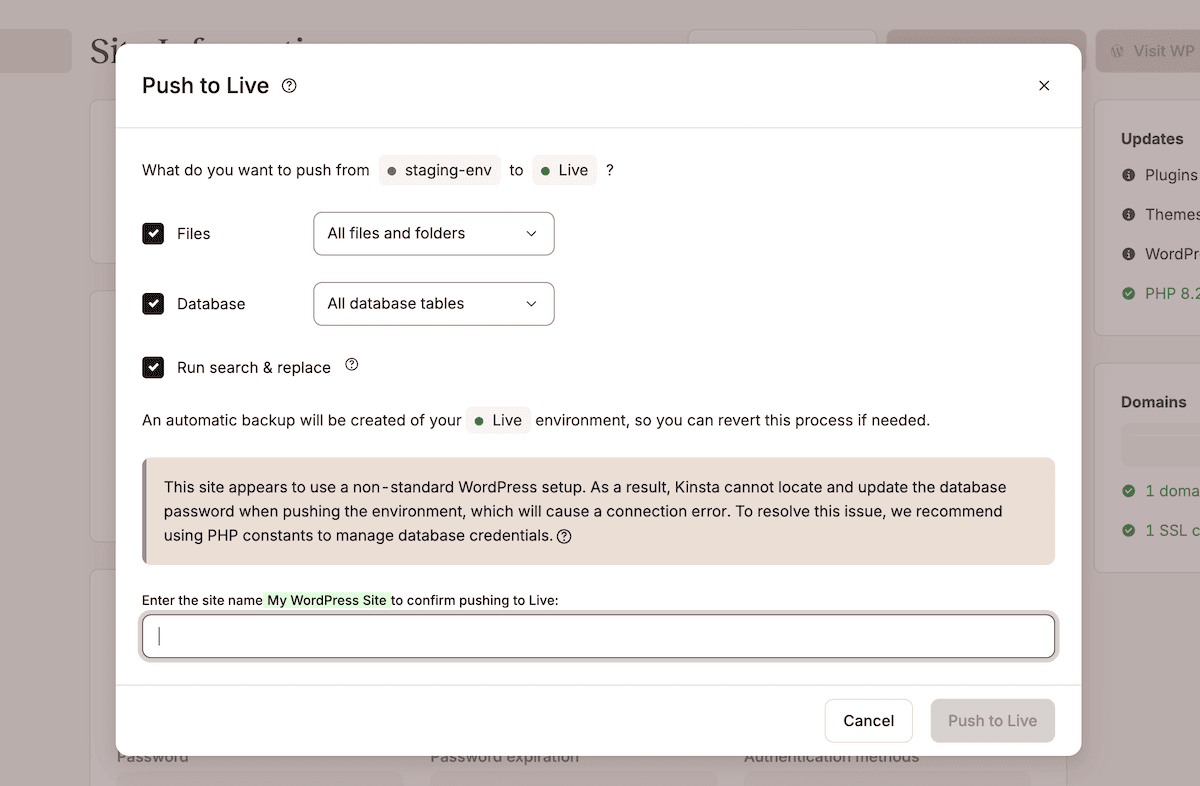The Push environment dialog in MyKinsta showing deployment scope options including Files, Database, and associated drop-down menus.