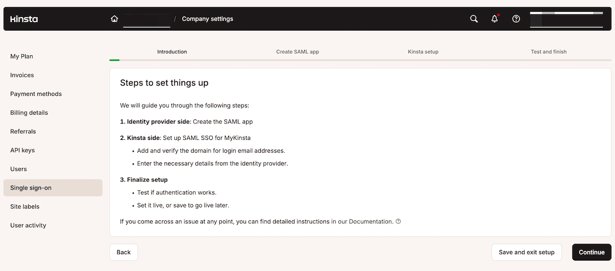 The Single sign-on setup screen in MyKinsta showing the setup wizard and instructions to enable SAML SSO.