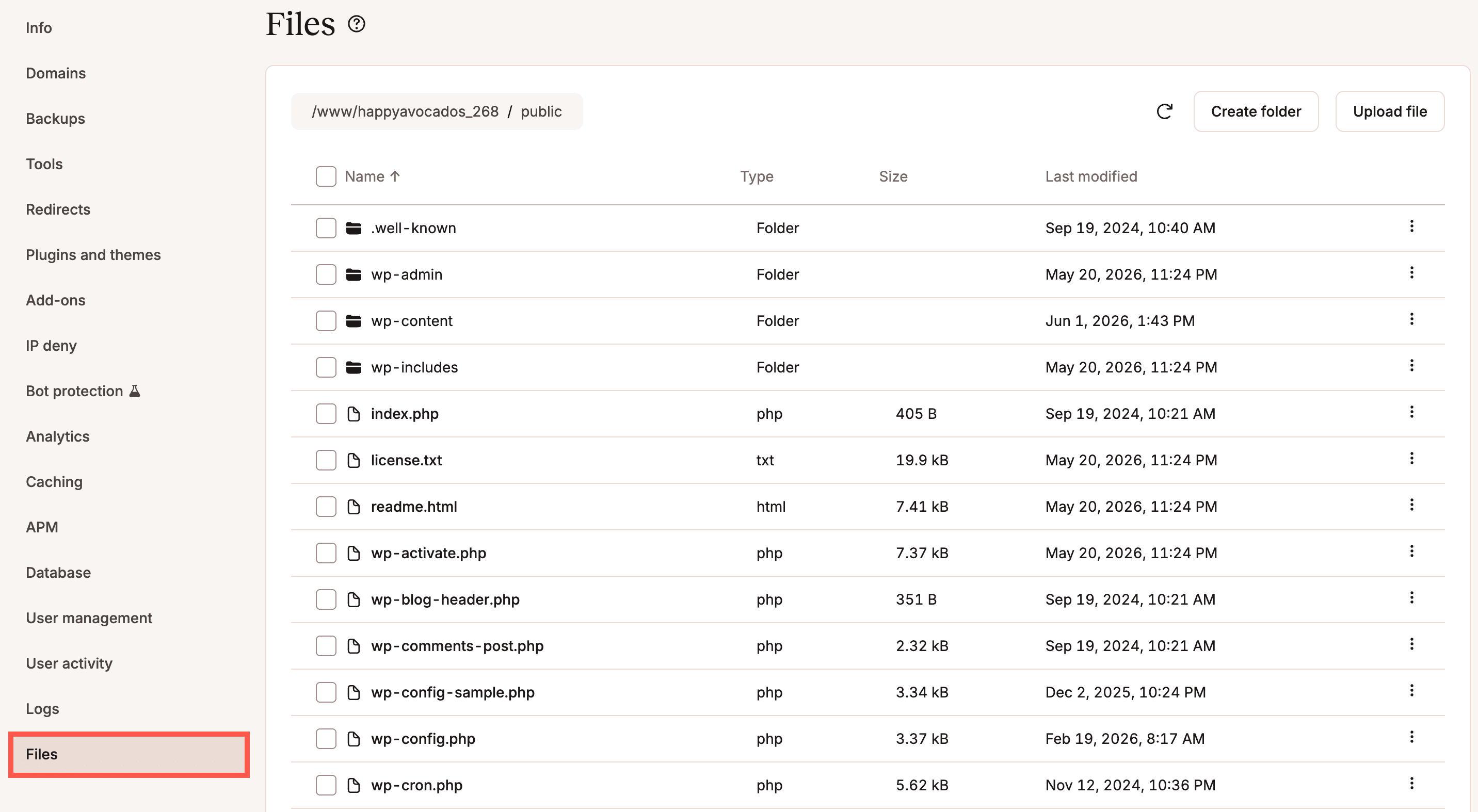 Een screenshot van het MyKinsta-dashboard waarin de optie ‘Files’ is gemarkeerd.