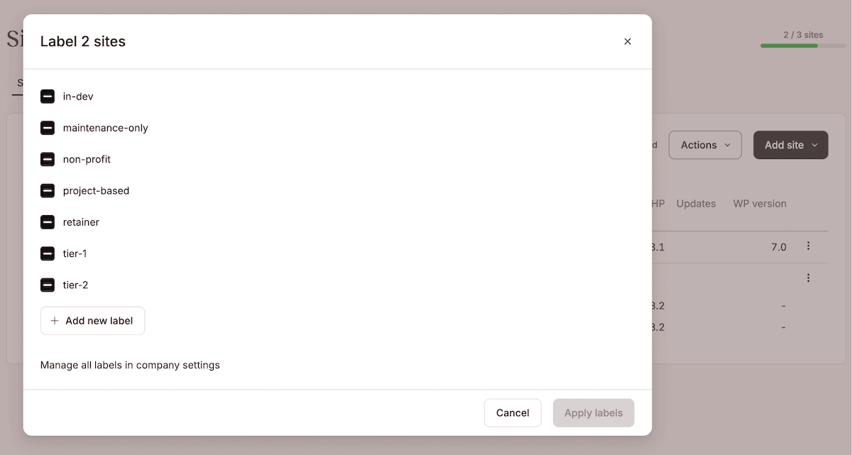 The Change labels dialog in MyKinsta showing existing labels with checkboxes and an Add new label field.