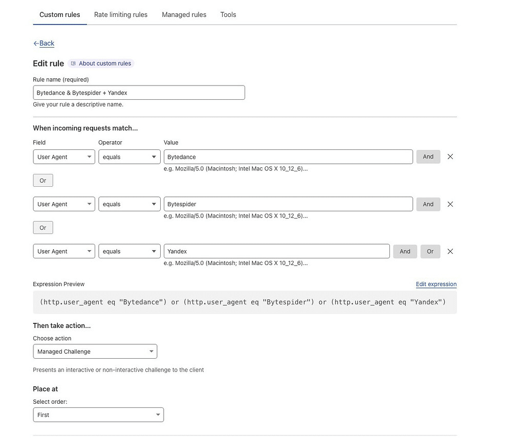 Cloudflare-benutzerdefinierte Regeln