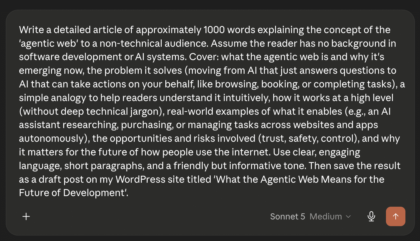 An example prompt requesting a draft generation on a WordPress site
