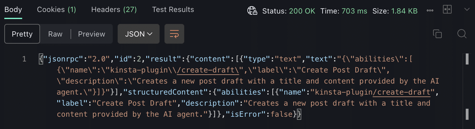 The MCP server response body in Postman