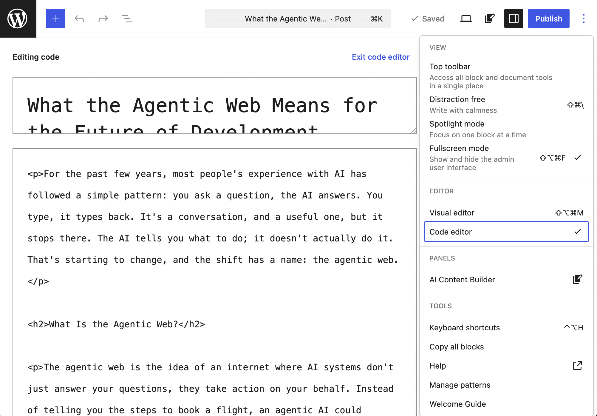 The WordPress post draft in the code editor