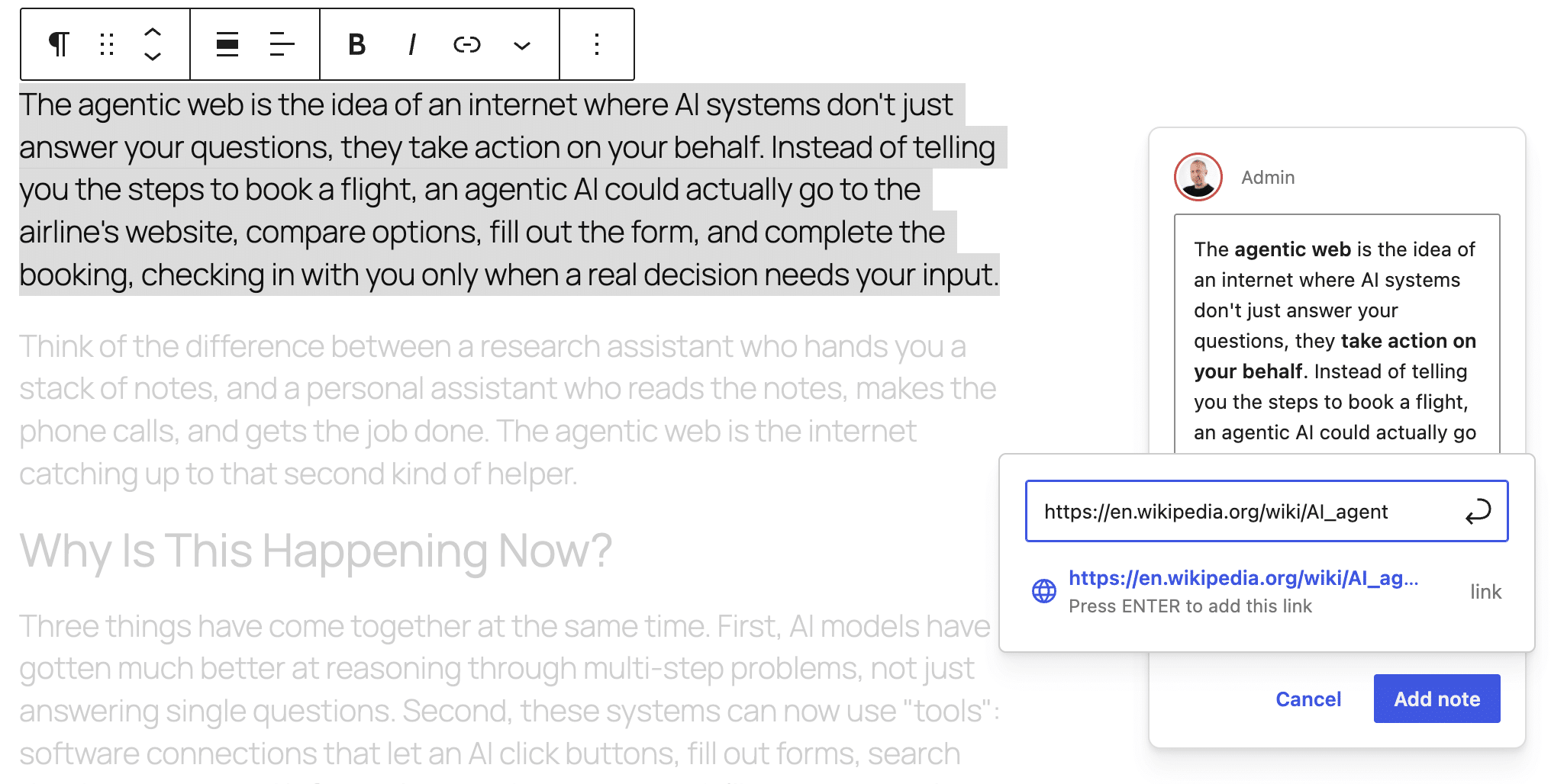 Notes formatting options in WordPress 7.1